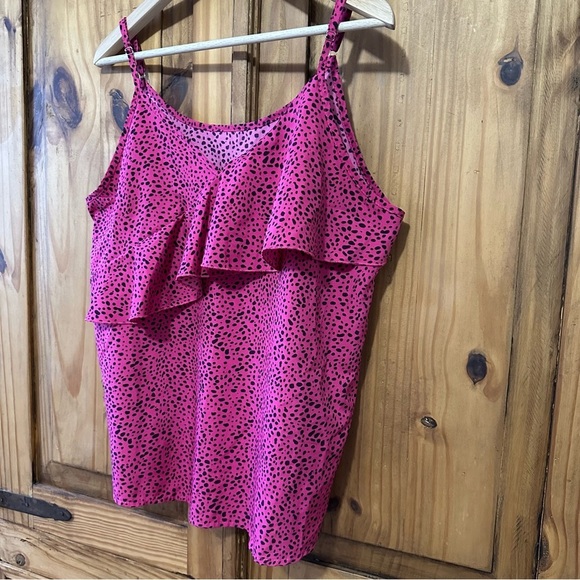 Hot Pink Cheetah Print Polka Dot Ruffle Tank Top Sleeveless Blouse - Picture 3 of 6